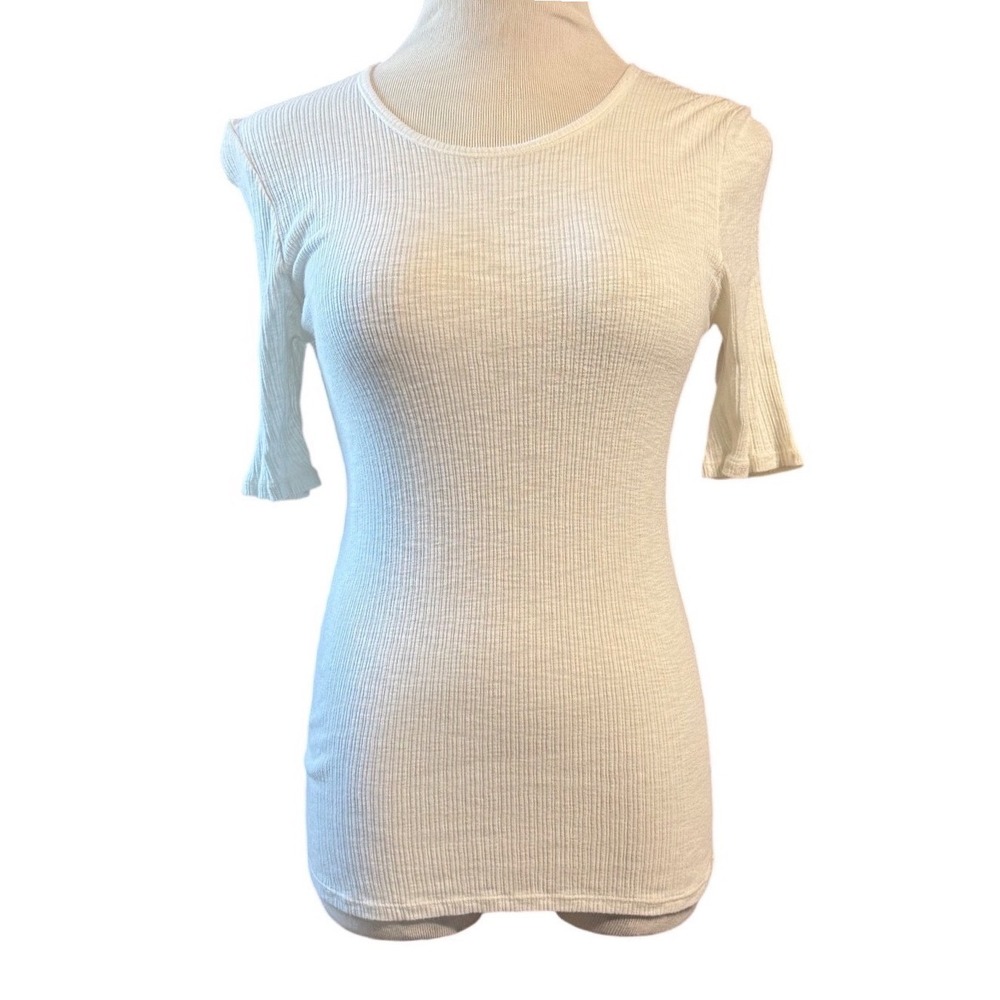 Michael Stars Ribbed Top Womens OS Elbow Sleeve Cotton Modal White Scoop Neck